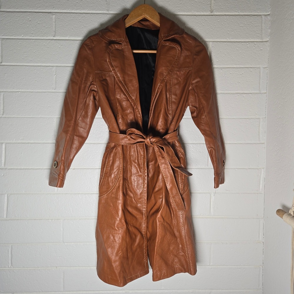 Vtg Scully Womens Trench Coat Brown Leather Belted Western Scalloped 70s L 12